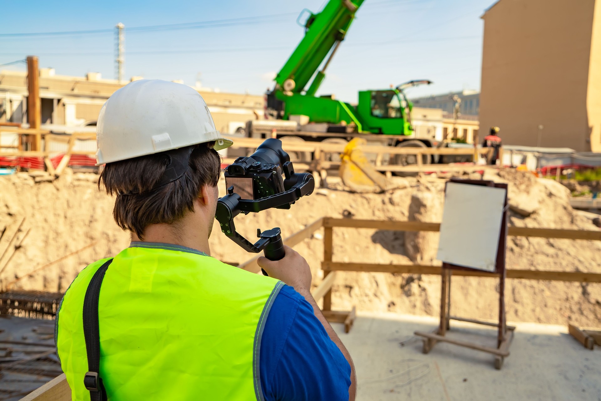 Videographer with a camera and stabilizer in hands filming a working process outdoors.